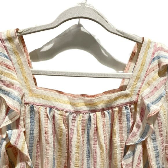 Chaps Small Ruffle Front Blouse Stripe Long Sleeve Square Neck Cotton Blend - Picture 3 of 10